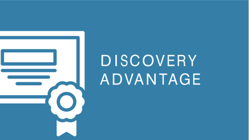 Discovery Advantage on a blue background with a certificate icon